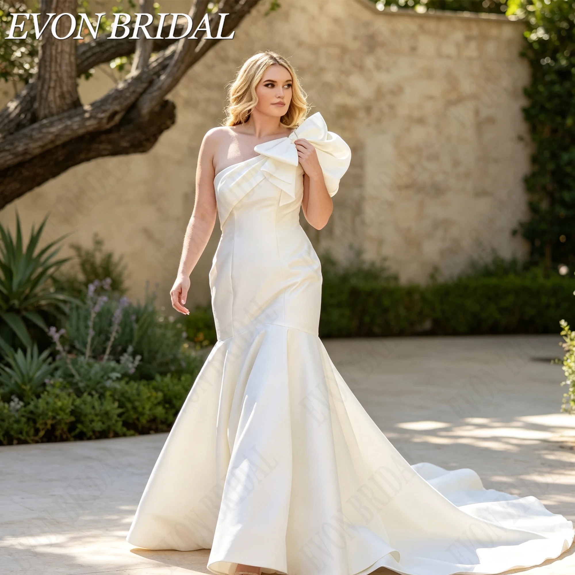 EVON BRIDAL Плюс размер русалка свадебное платье женское одно плечо мягкий атлас платье невесты бантик свадебное платье на заказ длинное элегантное атласное платье невесты плюс размер изготовлено под заказ свадебное