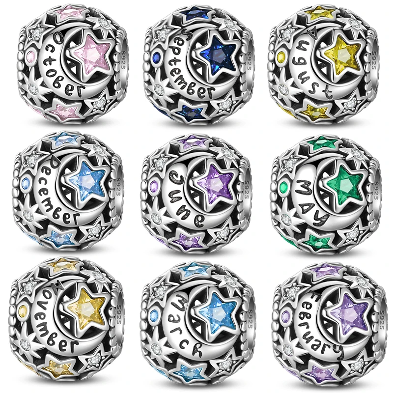 Charm 925 Sterling Silver 12 Zircon Birthdate Charms Beads Fit Original Charm 3mm Bracelet Necklace Beads DIY Jewerlry Gift New