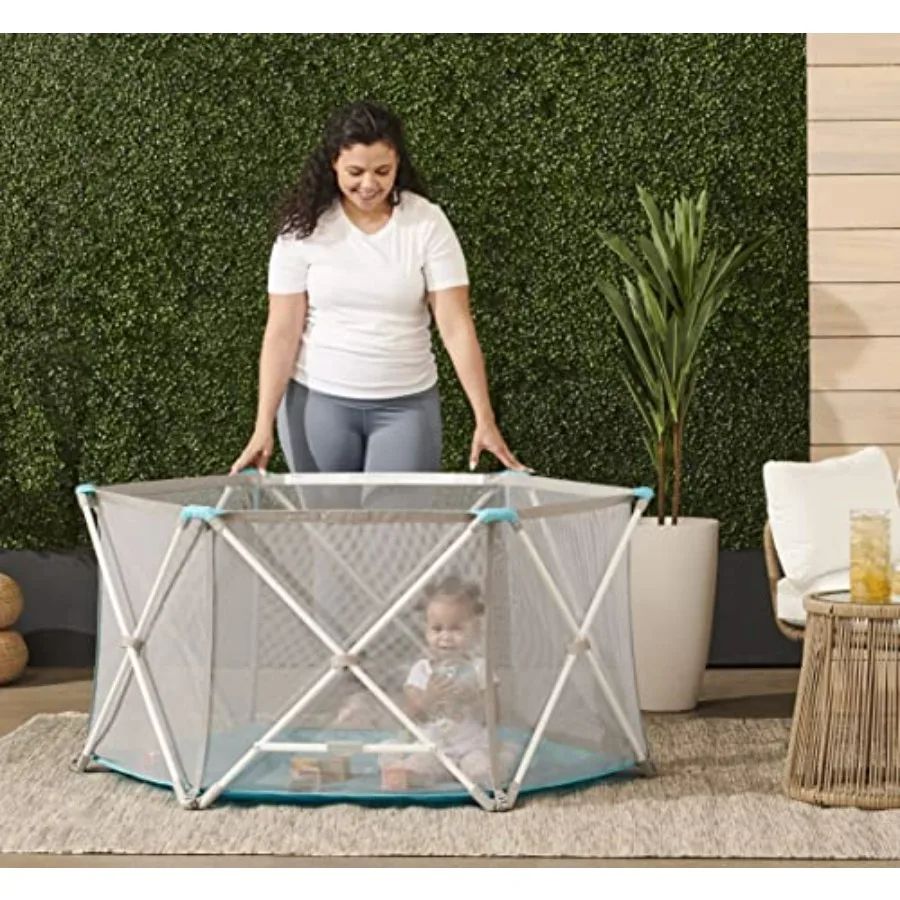 

Портативный манеж для игр, для дома и улицы, моющийся, белый, серый, бирюзовый, 6 панелей