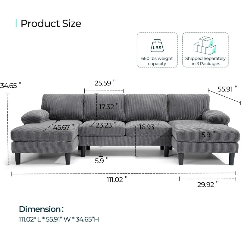 Convertible Sectional Couch, Corduroy U-Shaped Sofa Couch with Double Chaises and Sleepable Armrests, 4 Seat Deep Sofa Set