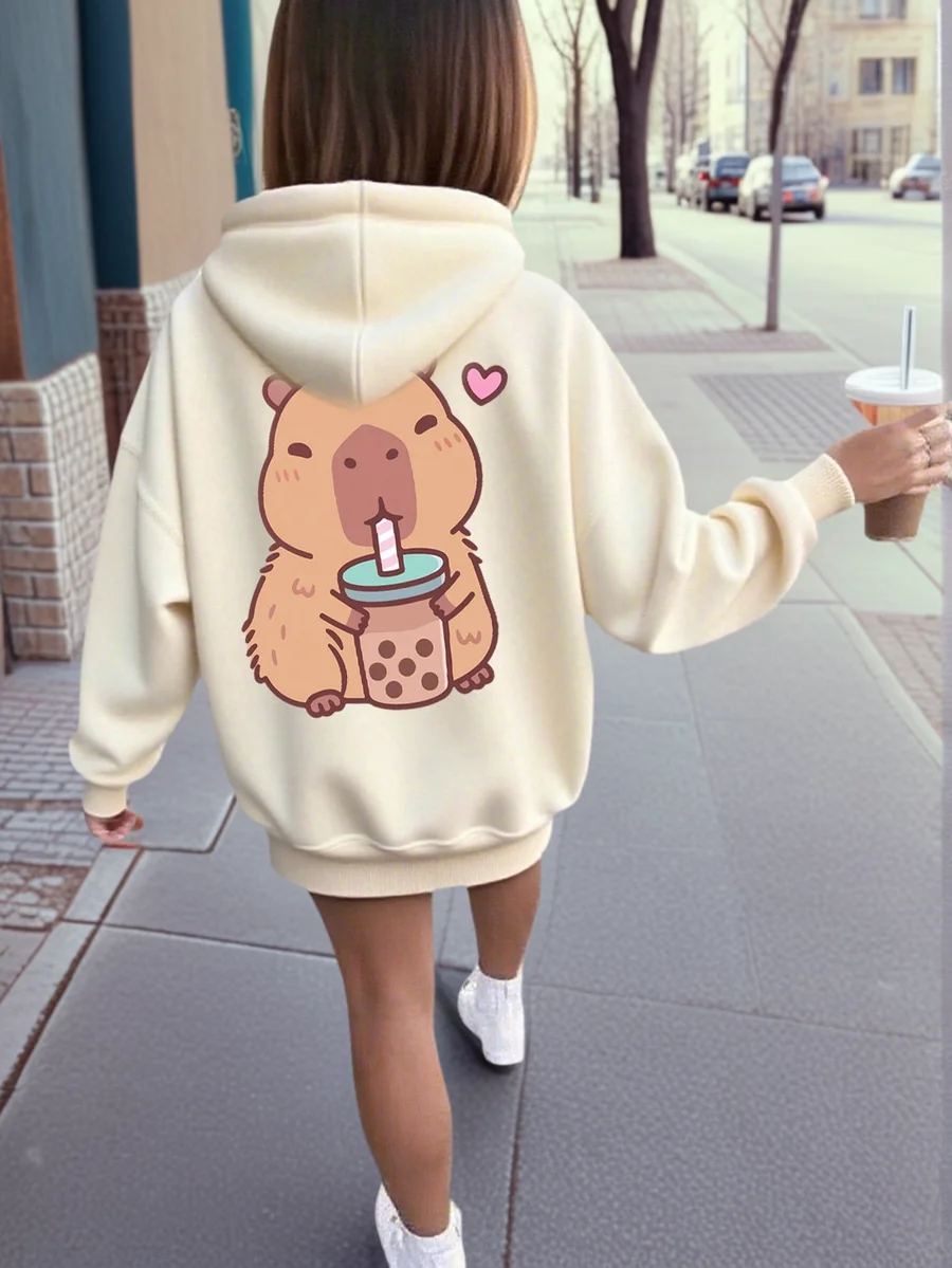 

Cream Novelty Graphic Hoodie for Kids, Loose Fit Long Sleeve Pullover with Cute Animal Print
