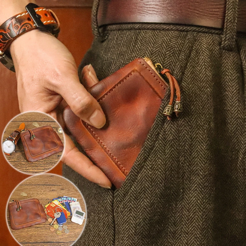 Vintage Vegetable Tanning Leather Small Coin Purse Key Bag Wallets Mini PU Leather Girls Card Storage Holder Money Jewelry Bag