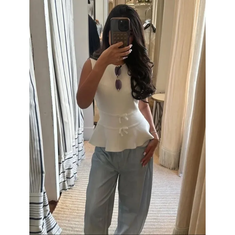 

Chic Solid Sleeveless Bow Knitted Top Women Casual Round Neck Waist Cinching Short A-line Blouse 2026 Lady Vacation Street Tops
