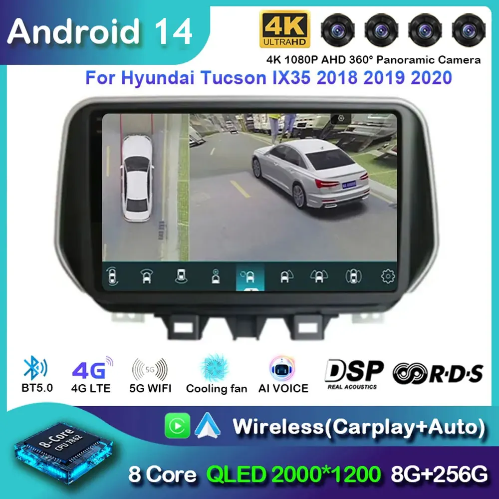 Android 14 Carplay Car Radio For Hyundai Tucson IX35 2018 - 2020 Navigation Multimedia Player Stereo WiFi+4G BT DVD 360 Canera