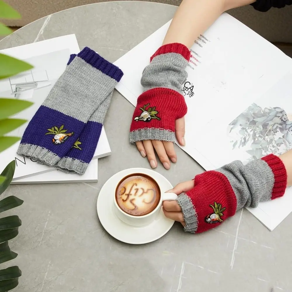 Durable Knitted Knitted Gloves Bird Embroidery Cotton Fingerless Mittens Gift Warm Touch Screen Mittens Winter