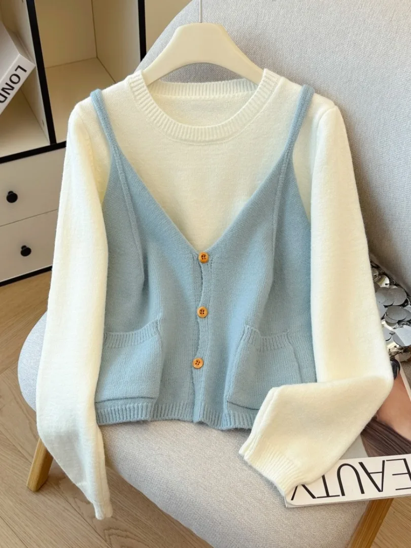 V-Ne Svel سترة علوية نسائية طويلة محبوكة مكونة من قطعتين مجموعة ذاتية الحفاظ على Sle للتنقل الكورية بقصة ضيقة