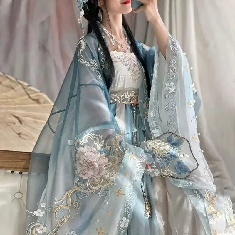 

Вышитая рубашка Hanfu в стиле ханьфу Тан, с большими рукавами, юбка-чохов, цельная нагрудная юбка, традиционное китайское платье