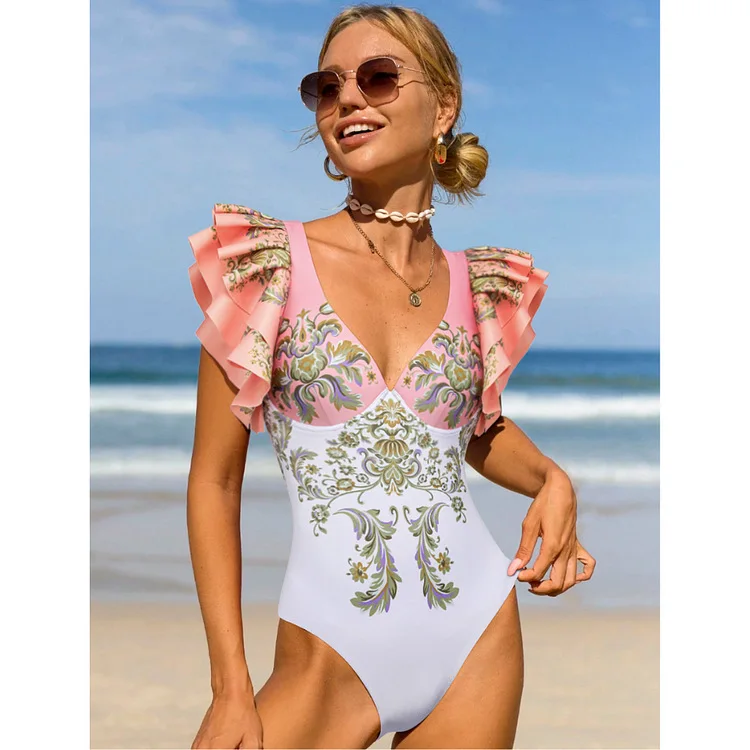 One Piece Swimsuit For Women V-neck Ruffle Leaf Edge Color Matching Ethnic Style Printing One-piece Swimsuit Suit Women