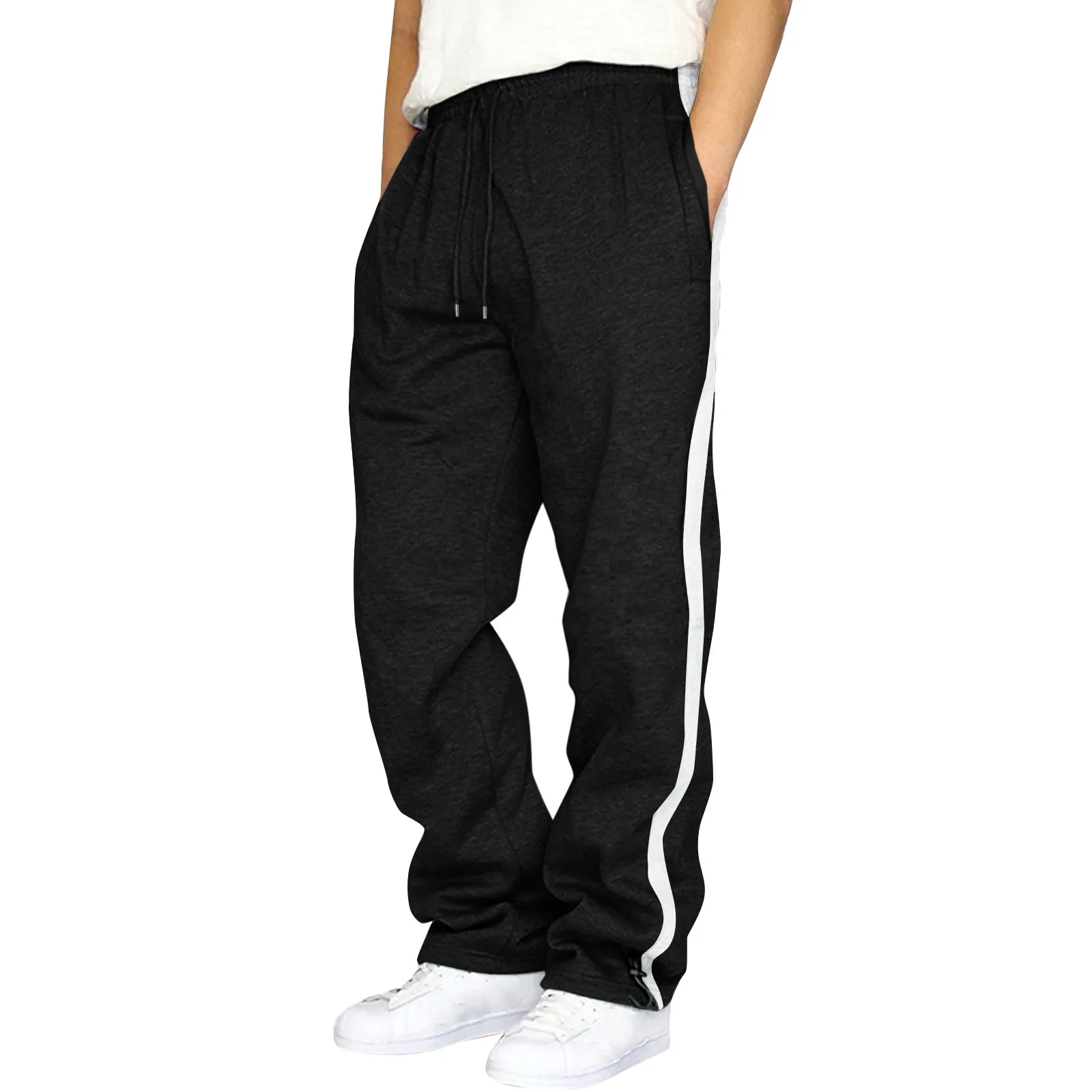 

Men Sport Pants Striped Elastic High Waist Pockets Trousers Fitness Gym Jogging Drawstring Loose Wide Leg Straight Pant Trousers