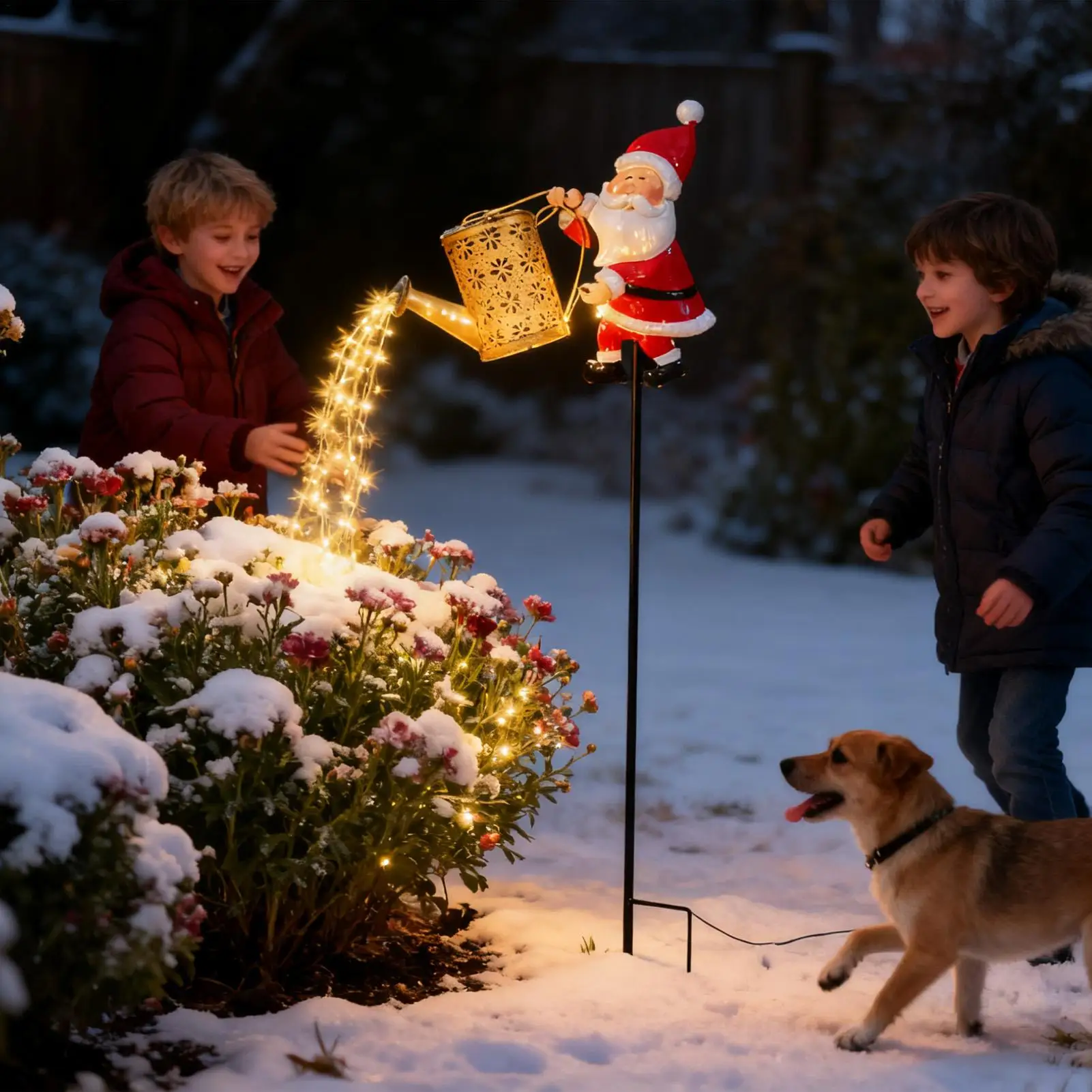LED Christmas Santa Claus Solar Garden Light Watering Can Lantern Outdoor Waterproof Metal Yard Patio Decoration