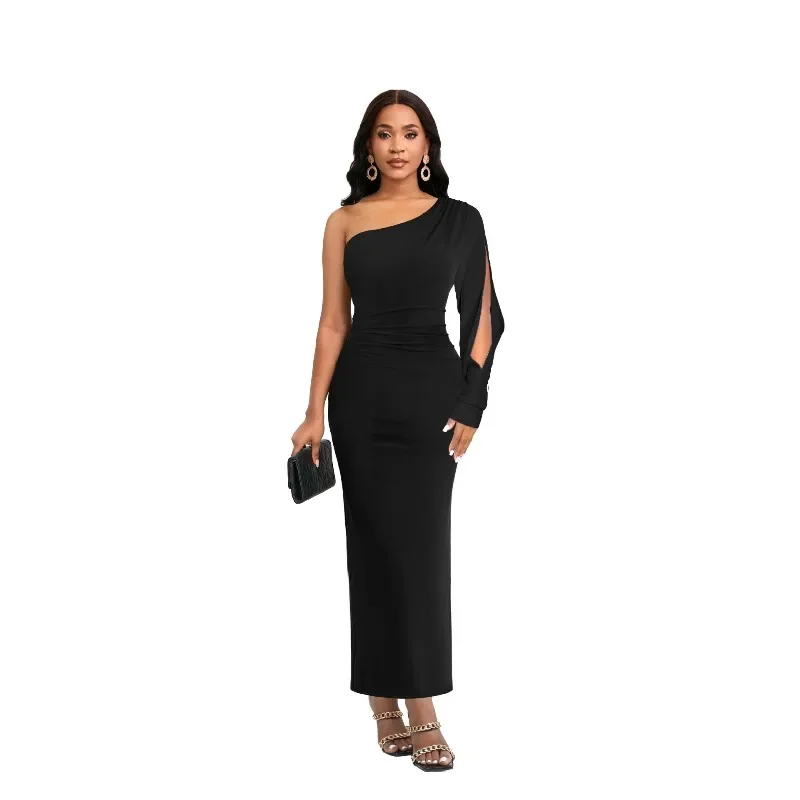 Spring/Summer Single Sleeve Dress Women's Solid Color Split Style Sexy Long Dress Evening Black Cross Neck Dress