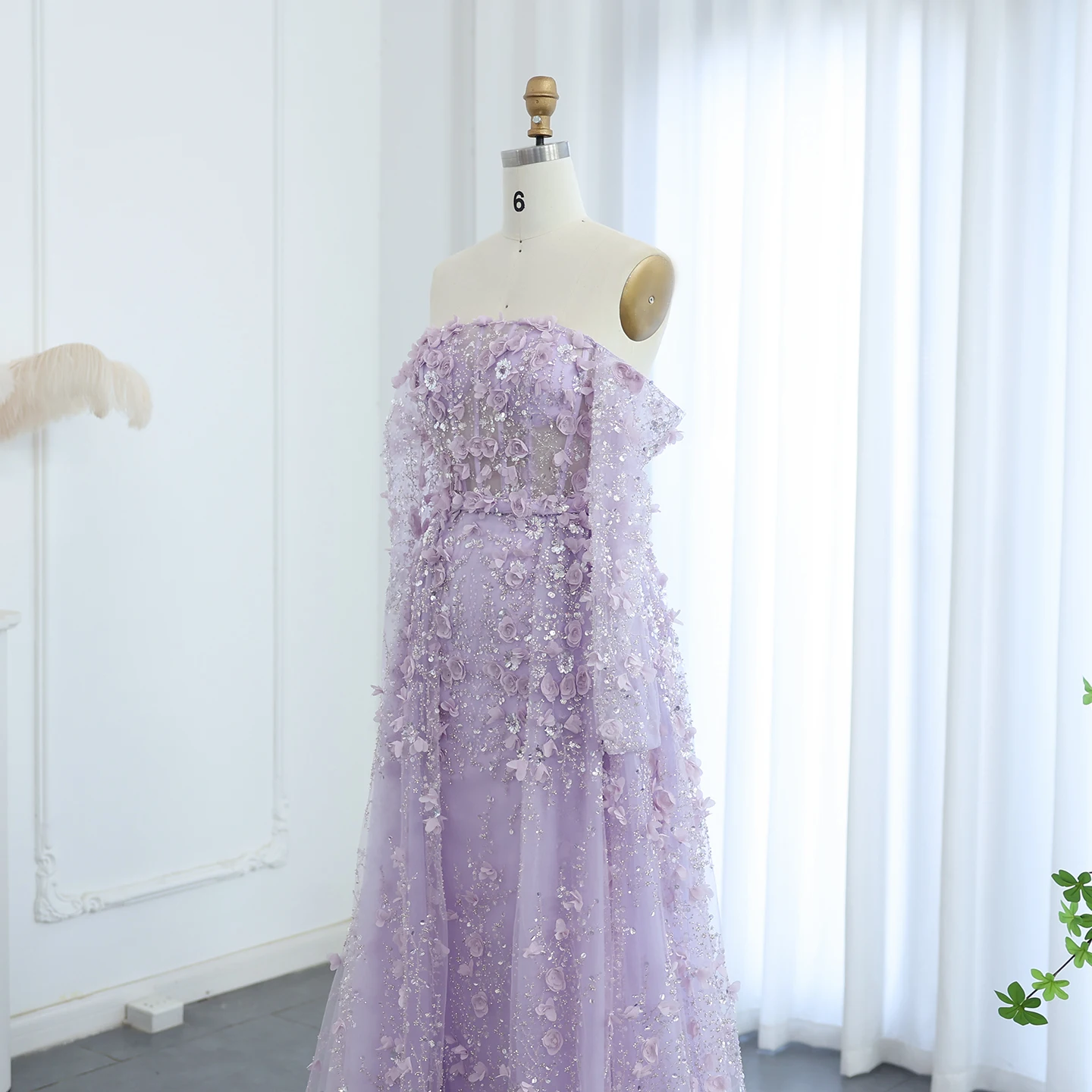 Sharon Said Elegant 3D Flowers Dubai Evening Dress with Overskirt Lilac Long Sleeves Women Wedding Party Gown SS352 Customized image 4