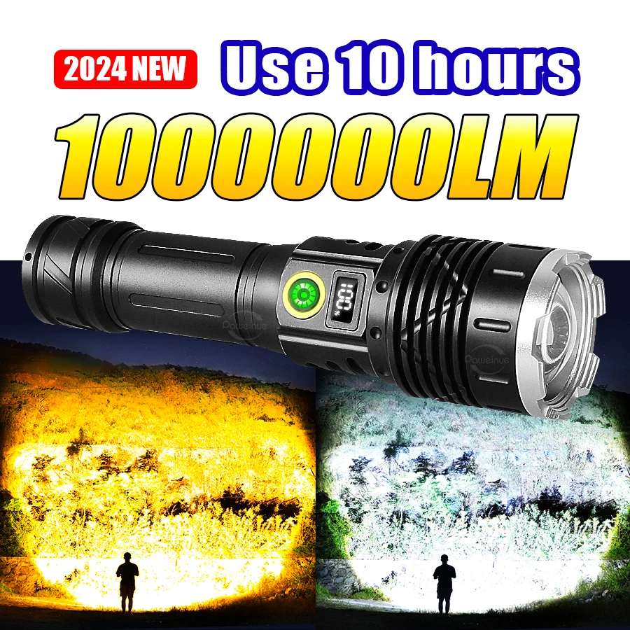 800W High Power LED Flashlight Rechargeable Yellow White Light Lantern Powerful Tactical Flashlight Super Bright LongRange Torch