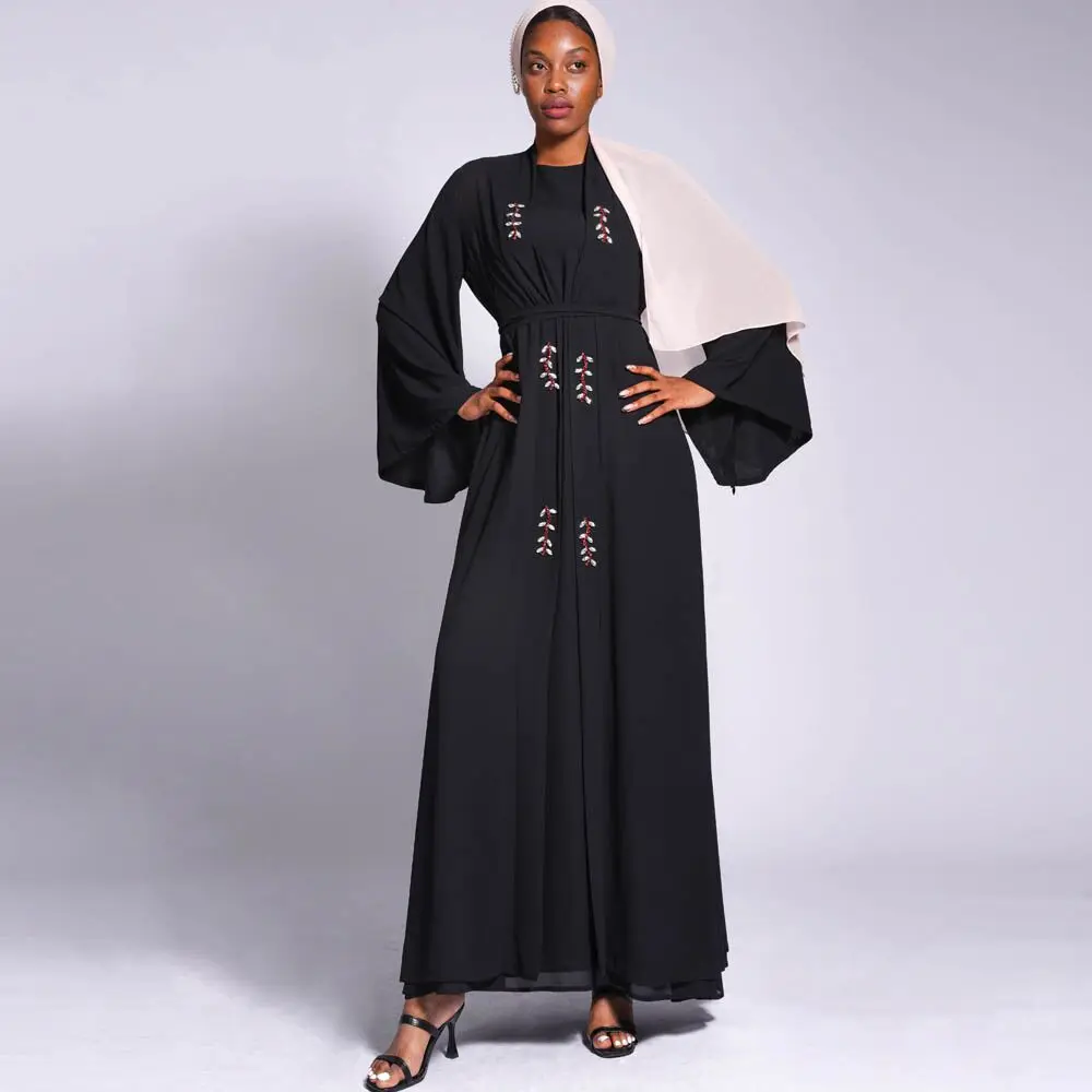 Conjunto Muçulmano de Duas Peças Abertas Abaya Combinando para Mulheres, Ramadã, Chiffon, Quimono De Strass, Abayas, Dubai, Turquia, Vestido Interior, Roupas Islâmicas