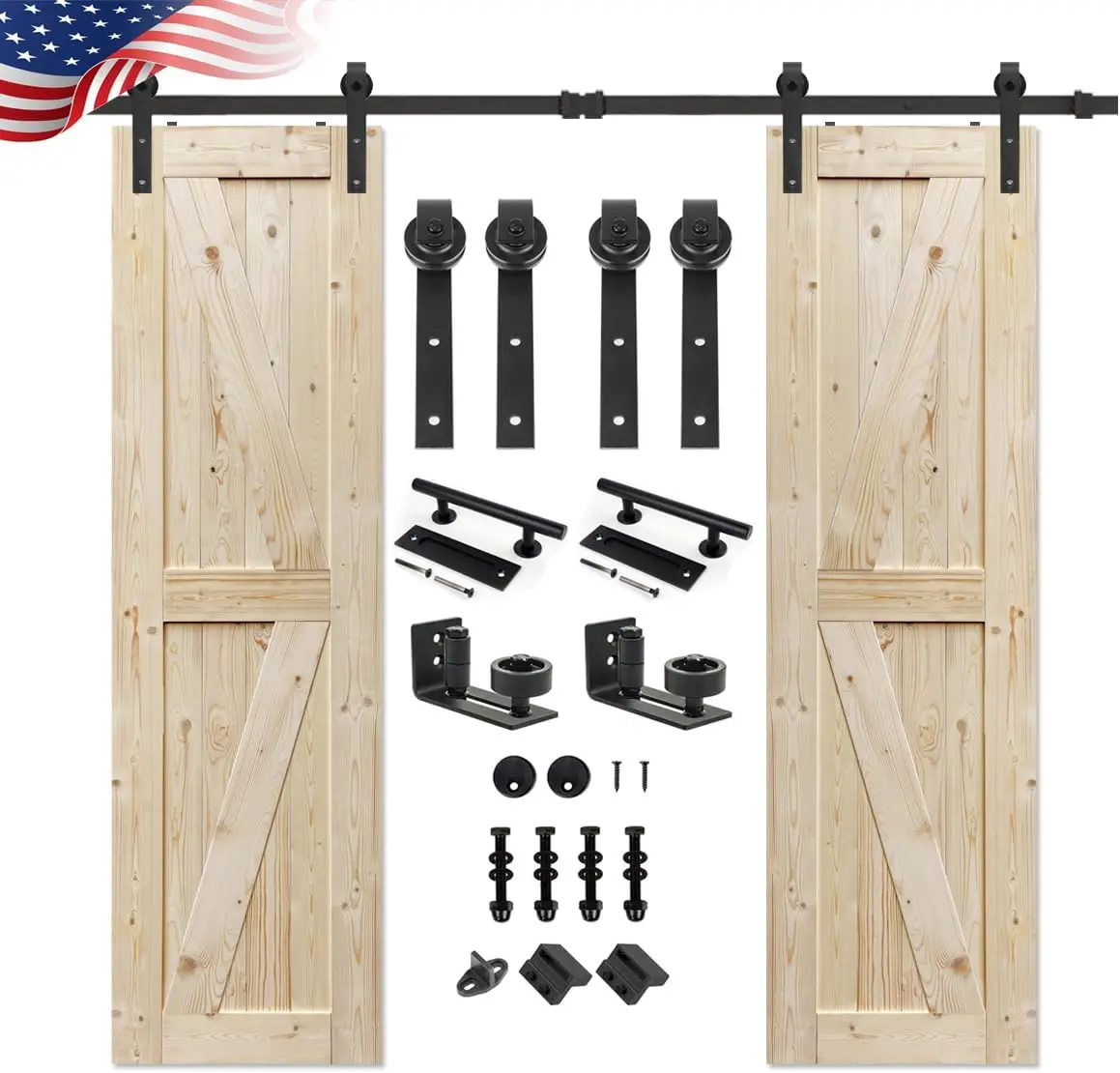 18 in. x 84 in. Double Unfinished British Brace Knotty Barn Door with 6FT Sliding Door Hardware Kit/Solid Wood/Slidi