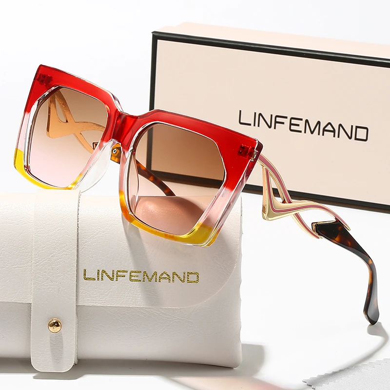 LINFEMAND Modische dekorative Sonnenbrille mit quadratischem Rahmen, UV400, einzigartige Metallbeindekoration, Sommer, Strand, Party, Tanz, Festival, Geschenk – Detail 6