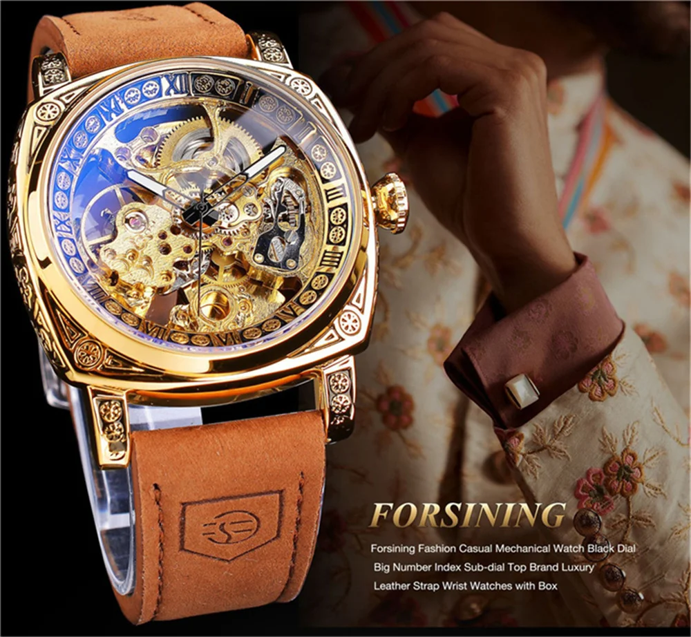 Forsining 403A Watch For Men Skeleton Automatic Mechanical Wrist Watches Brand Luxury 2023 Silver Gold Leather Relogio masculino