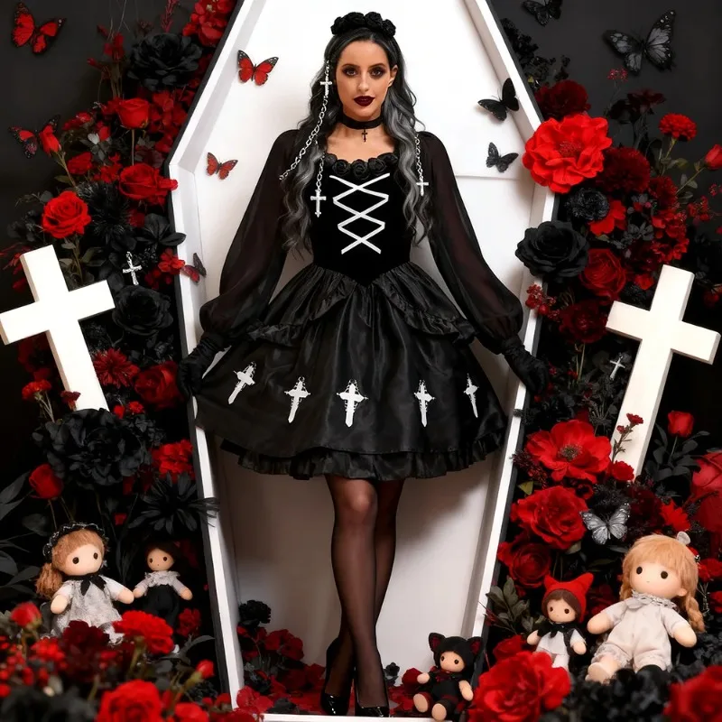 Halloween Costumes Gothic Dress  Women Witch Demon Vampire Bride Death Witch Cosplay Dress Up Carnival Party Stage Performance view 3