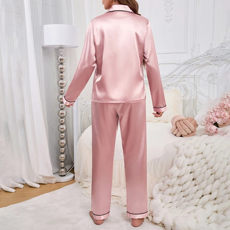 Autumn Women's Pajama Set Love Embroidered Flip Collar Long Sleeve Top and Soft Pants Casual and Comfortable Home Clothes