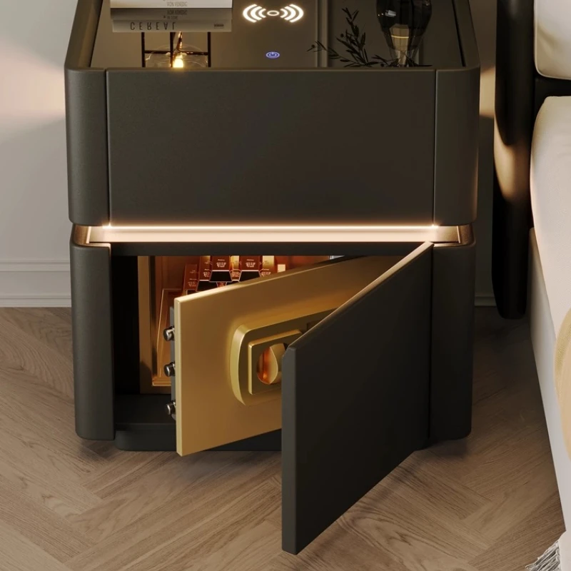 #￥Smart Bedside Table with Safe Bedroom Furniture Touch Switch Night Light and Tempered Glass Countertop with Wireless Charging