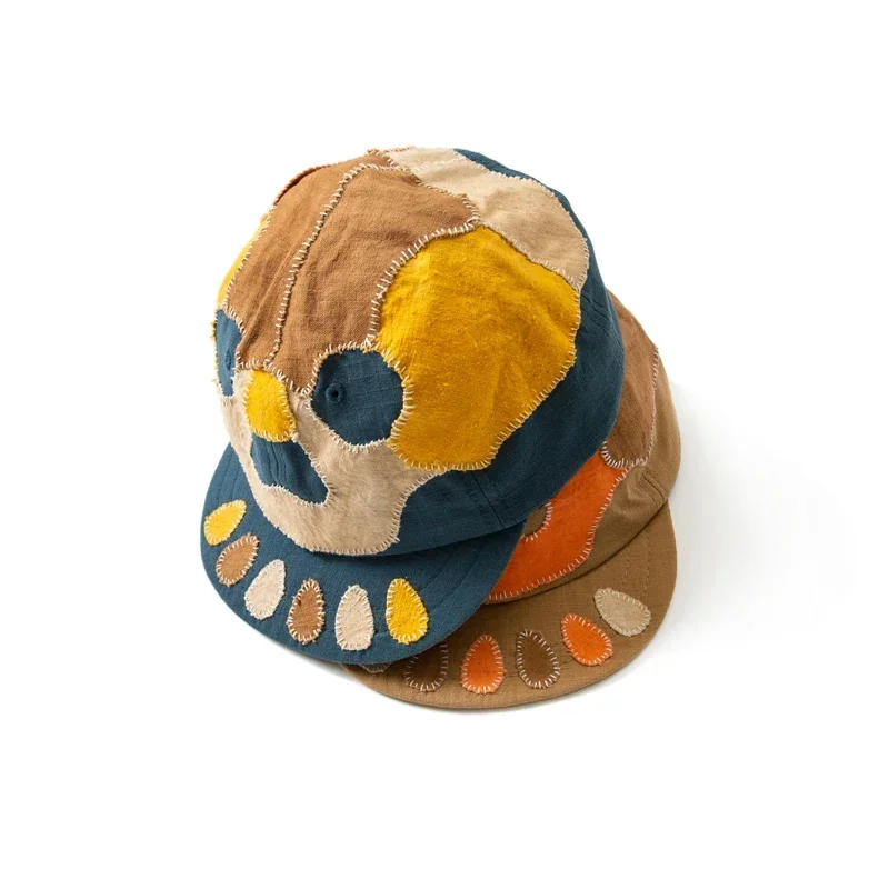 Luckysarterius Persimmon Dyed Handmade Sticker Embroidered Short Brim Duck Tongue Hat Cartoon Skeleton Baseball Caps for Men