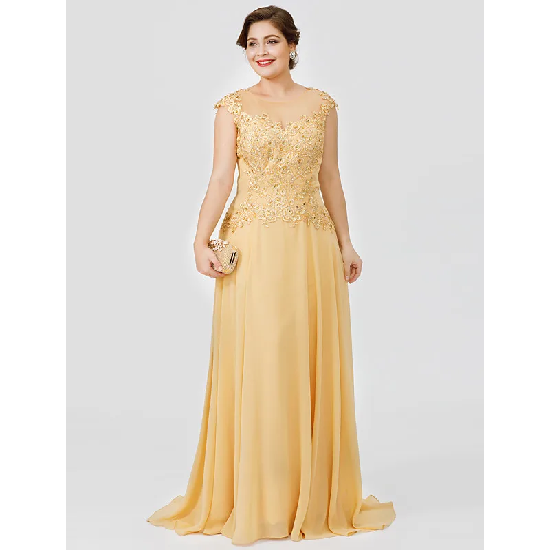 Vestidos longos de renda tamanho grande para a mãe da noiva, noivo, chiffon dourado, boné de apliques, mangas curtas, 2023