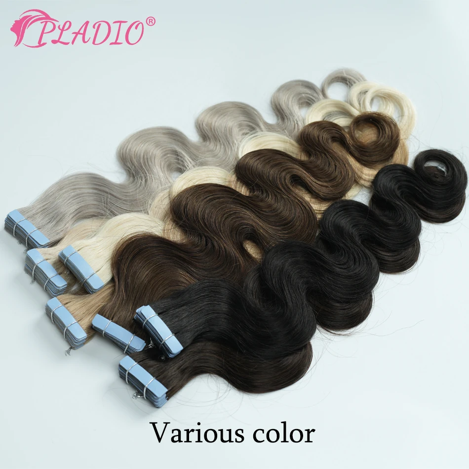 PLADIO Tape in Hair Extensions 20pcs Natural Black Human Hair Extensions Seamless Body Wave Human Hair Extensions Natural Color