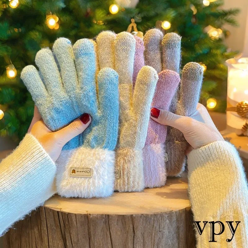 Korean knitted wool gloves womens winter plus fleece thickened cycling warm touch screen double color matching gloves Glovs Mtb