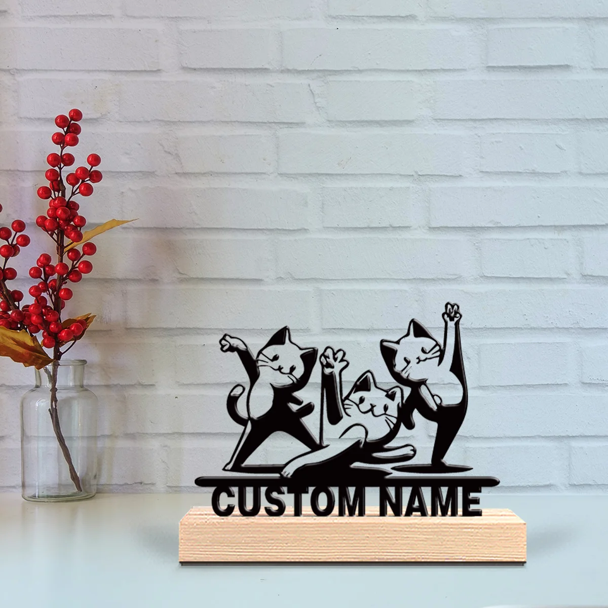 1pc Fun Personalized Custom Three cats Metal Art With Wooden Base Tabletop Decoration Musical Gift with Wooden Base, Perfect fo