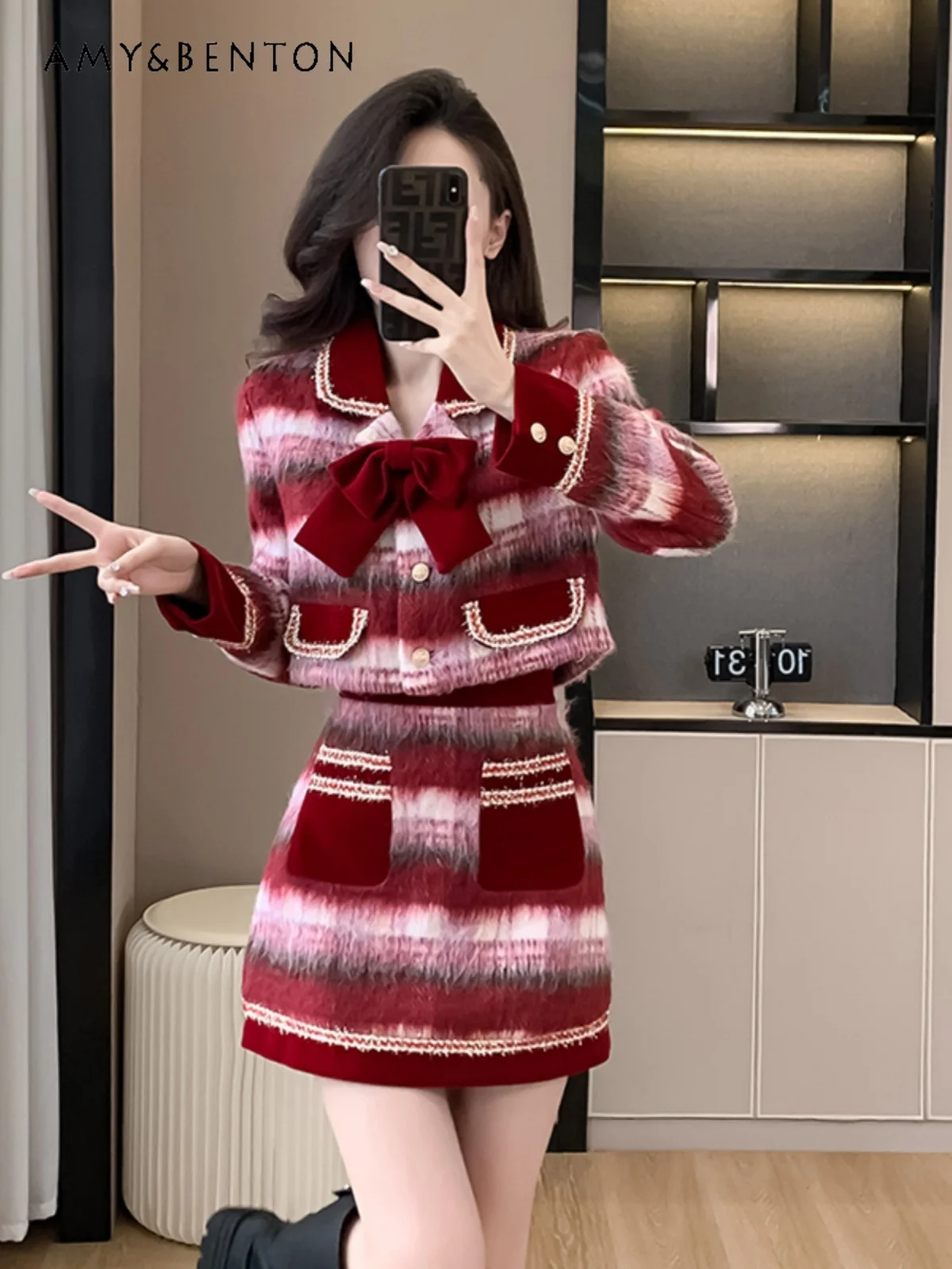 

Autumn Winter New French Style Commuting Red Christmas New Year Plaid Woolen Coat High Waist Short Skirt Two-Piece Set