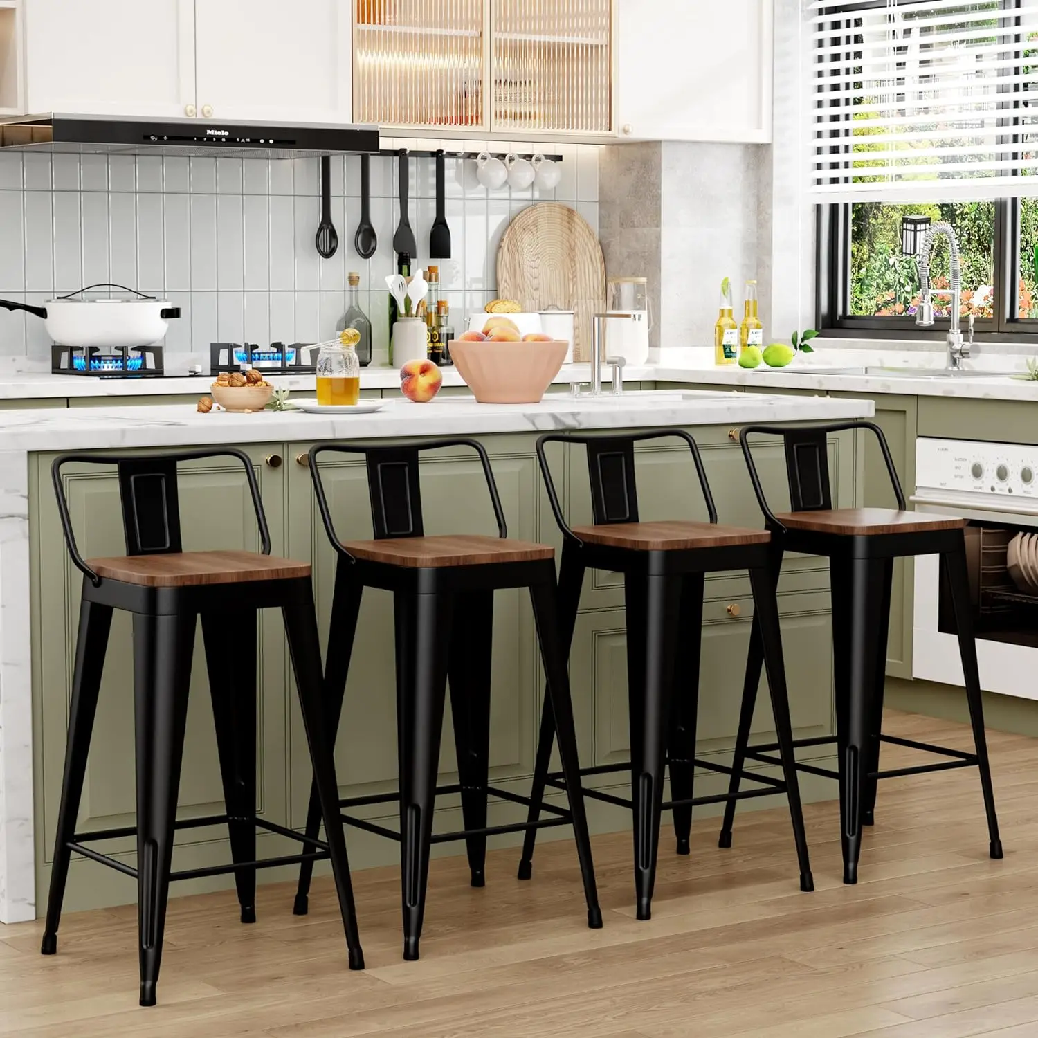 Metal Bar Stools Set com costas removíveis, Counter Altura Barstools, assento de madeira, 24 ", cozinha, 4