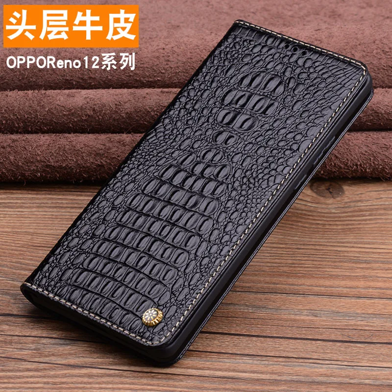 Wobiloo Luxury Genuine Leather Wallet Cover Business Phone Case For Oppo Reno12 Reno 12 Pro Cover Credit Card Money Slot Holste