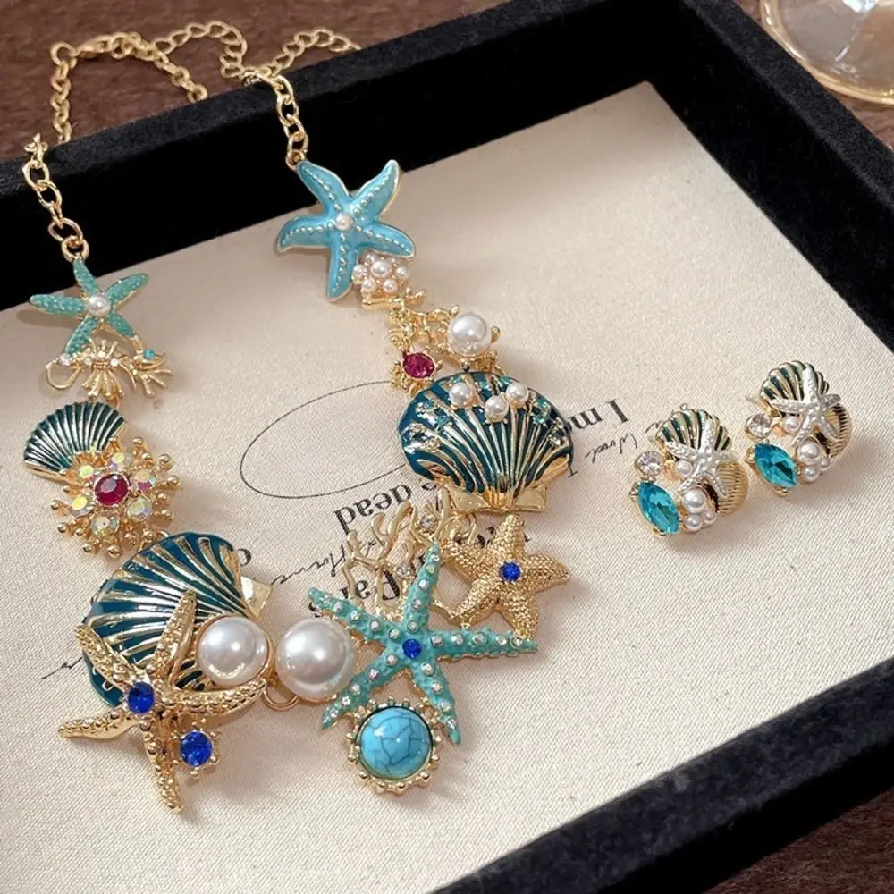 Модное милое ожерелье из ракушек морской звезды, металлическое изысканное ожерелье в морском стиле, серьги со стразами и жемчугом, пляжные украшения для женщин