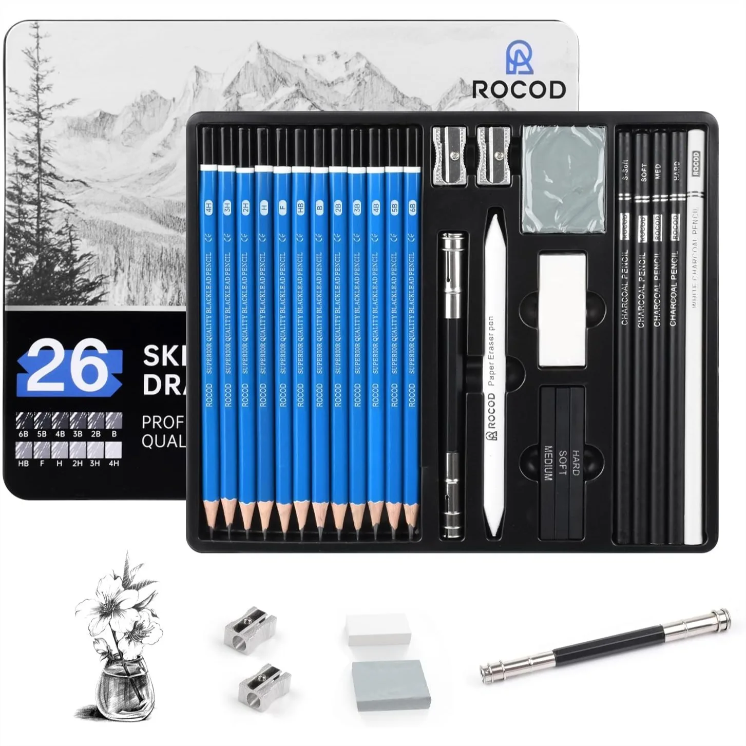 

Sketch Pencils Drawing Set, 26-Piece Professional Graphite Pencils 6B-4H for Artists Beginners Kids Adults