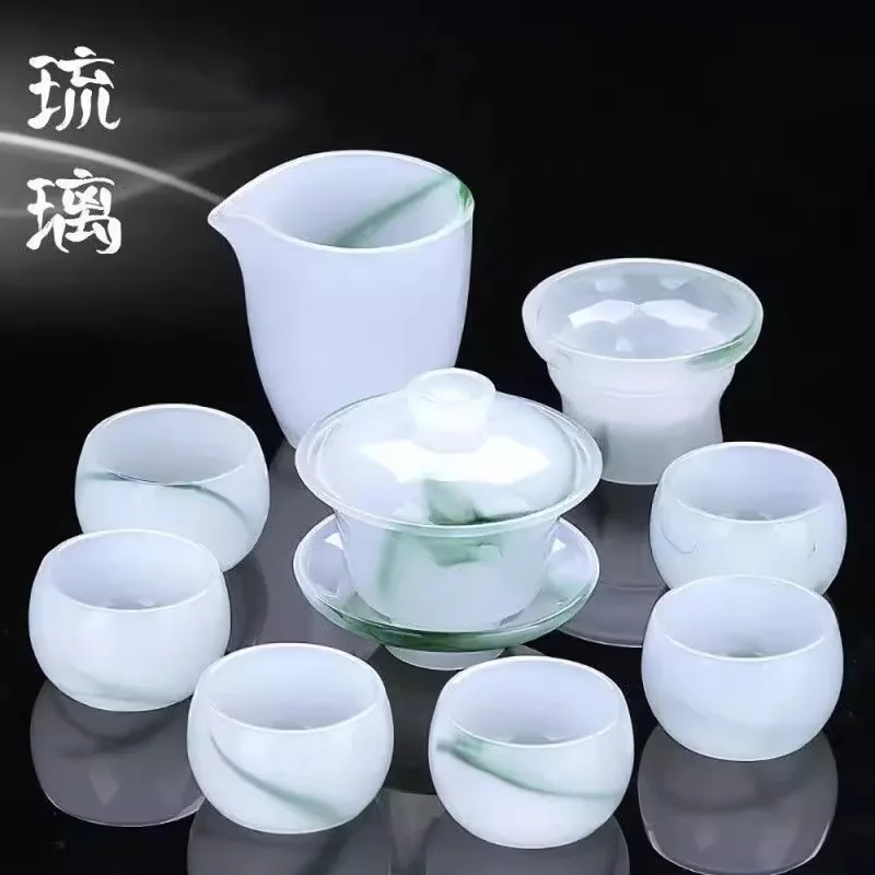 

Glass Jade Porcelain Tea Pot Kung Fu Cover Bowl High end Full Set Tea Set Combination White Jade Tea Cup Home and Office Gift