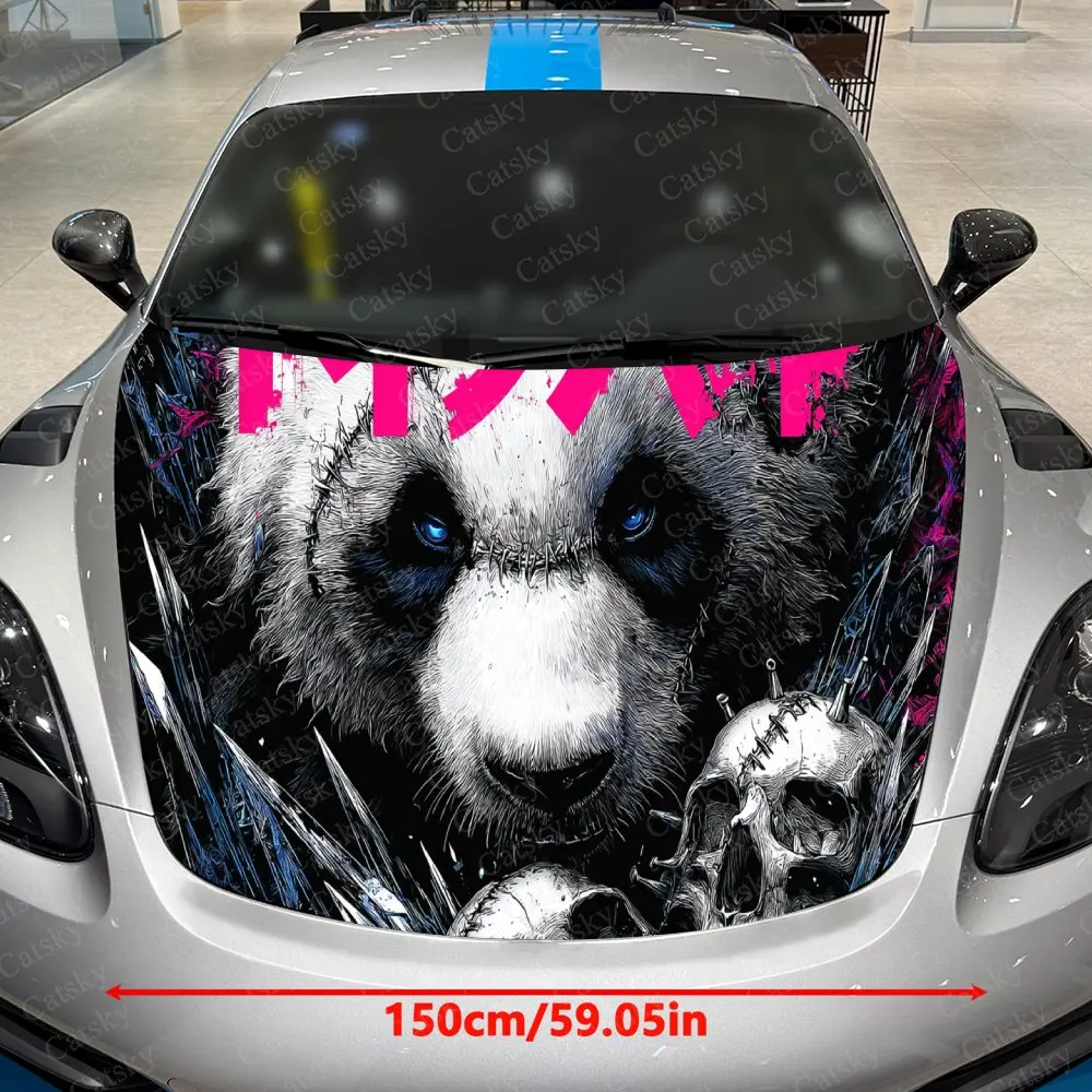 Pink Vein Split Blade Skeleton Panda Car Vinyl Wrap, PVC Waterproof Car Hood Sticker, Self-Adhesive Scratch-Resistant Stickers