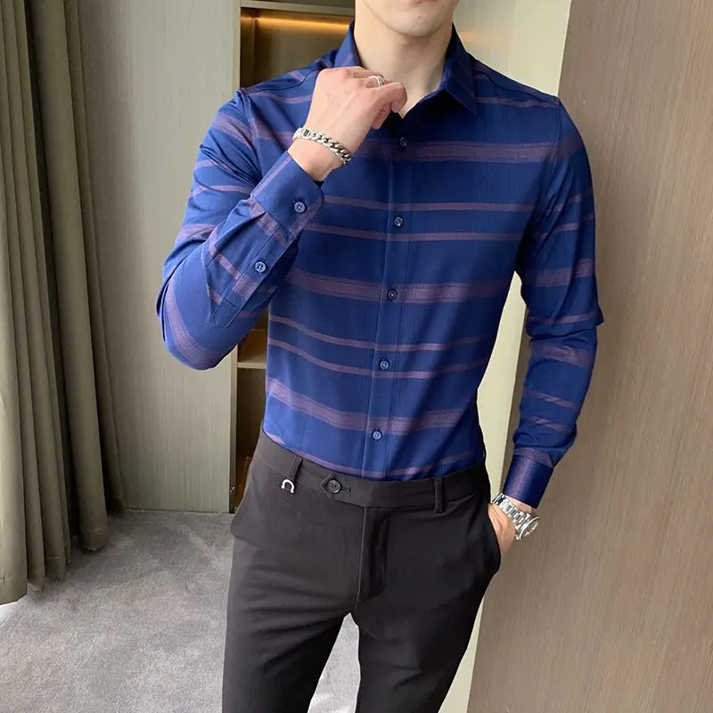 Spring Autumn New POLO Collar Fashion Shirt Man High Street Casual Loose Printing Button Cardigan Office All-match Y2K Tops