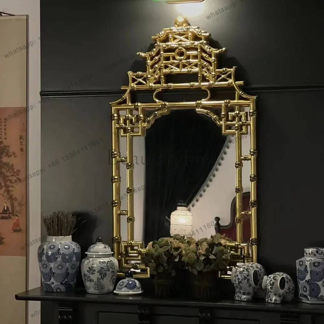 Creative bamboo fireplace decorative mirror medieval custom pagoda entrance wall hanging mirror French style