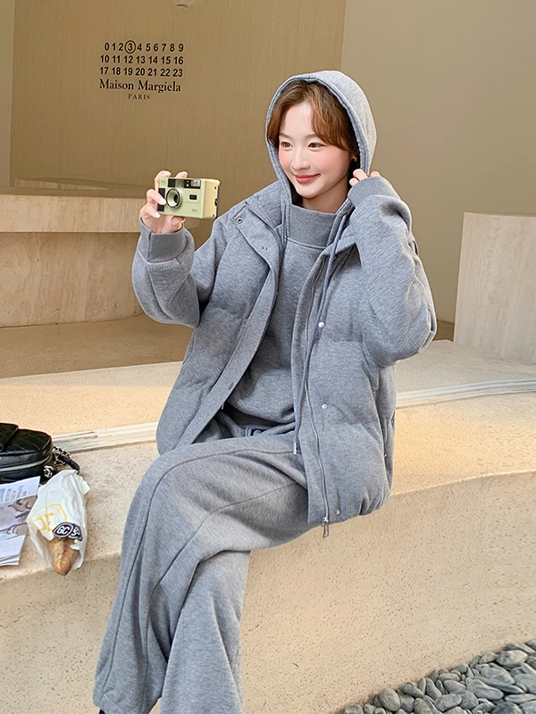 

Утепленный комплект из худи, толстовки и брюк для женщин: повседневный осенне-зимний модный теплый хлопковый комплект из трех предметов