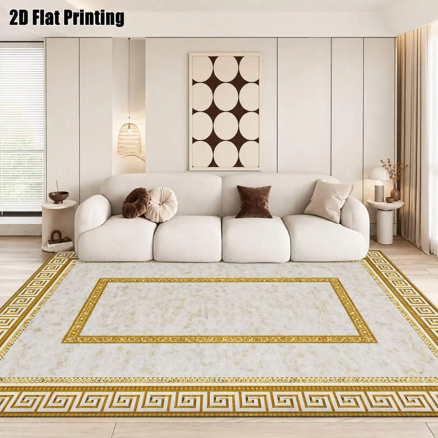 1Pc 2D Printed Carpet: Gold Geometric Border, Vintage European Style, Machine Washable, Multi-Size, Suitable for Entrance, Dining, Living Room, Bedroom as a Mat/Decoration