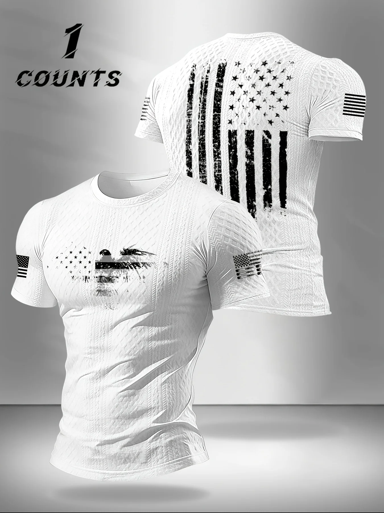 Men Polyester All‑Over Print Tee, Simulated Waffle Texture, Vintage USA Flag Eagle, Patriotic Tactical Muscle‑Fit Workout Top