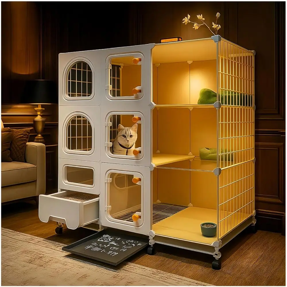 

cat cage Indoor with Litter Box, Complimentary Bed, Bowl,Cleaning Three Piece Set,Large cat Enclosure, Cat House with Wheels Out
