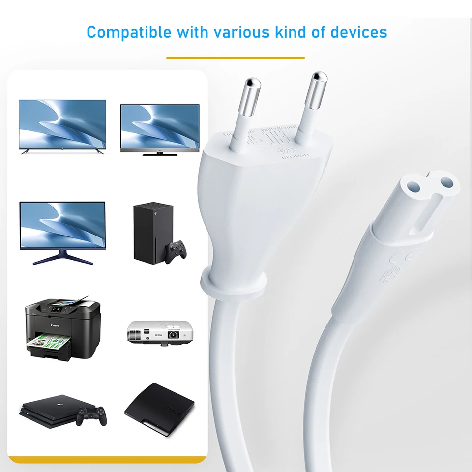 Cable de alimentación europeo premium TPE de 2 clavijas EU a IEC C7 para XiaoMi PS5 PS4 Apple TV Xbox Mac Mini 2