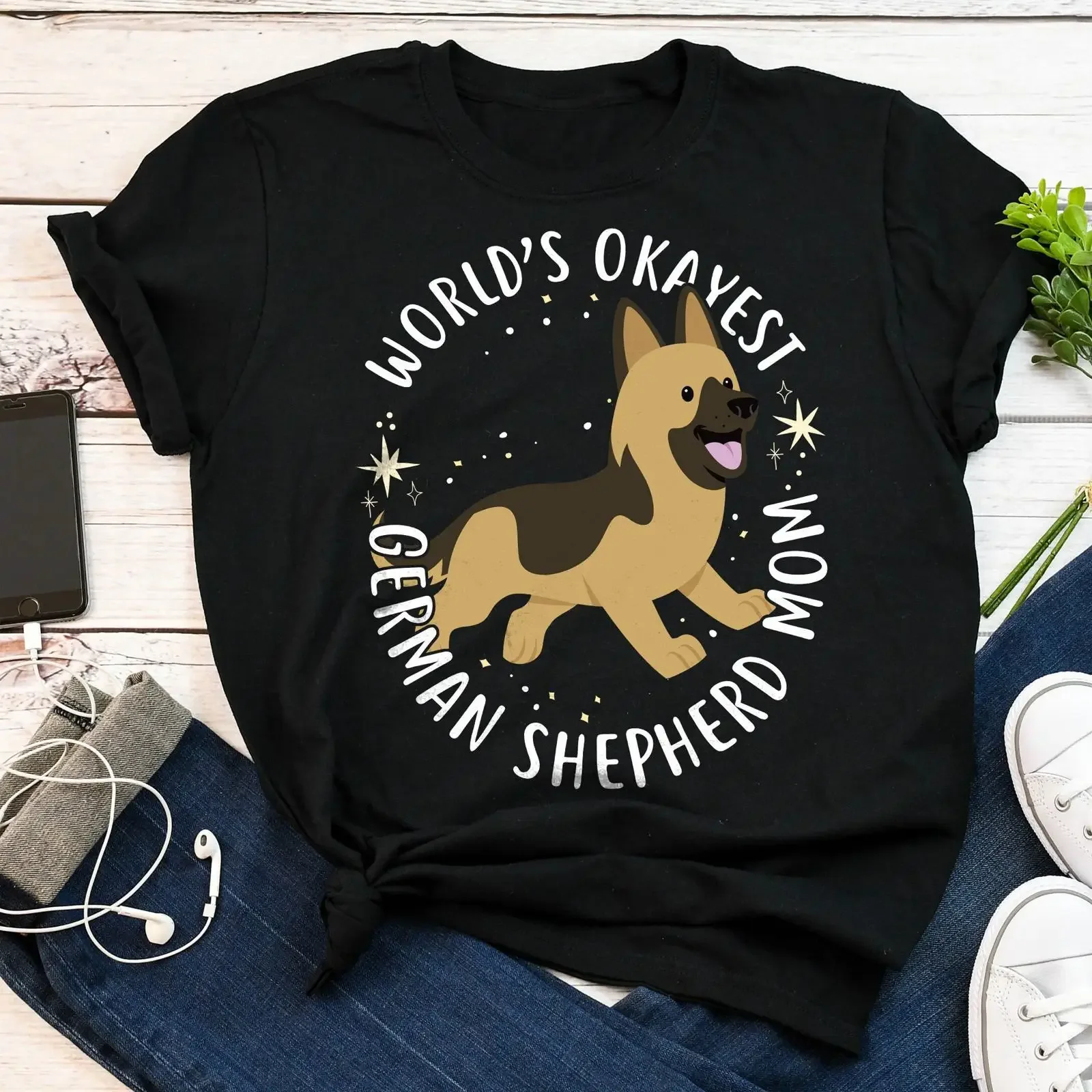 World's Okayest German Shepherd Mom T Shirt Funny Dog Lover Cute Pet Women Tops vintage Washed Slightly streetwear Comfortable