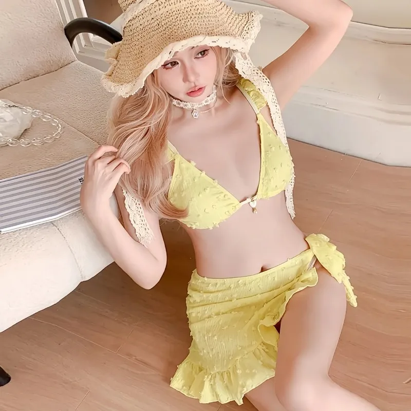 

Женский милый комплект бикини из 3 предметов с рюшами, желтый купальник с эффектом пуш-ап