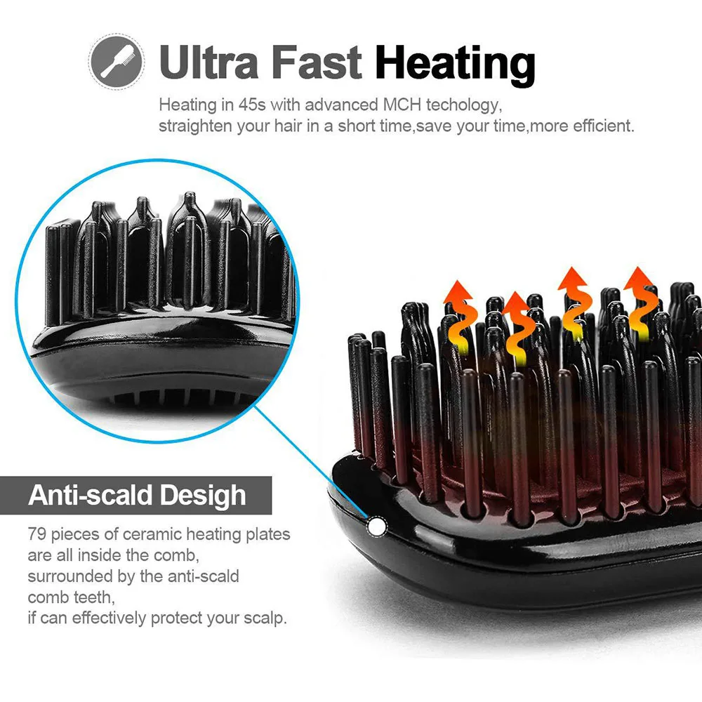 หวีผมตรงตรงจอแสดงผลอุณหภูมิ LED Anti-Scald การออกแบบโครงสร้างไฟฟ้าแปรง PTC Straightener 360หมุนได้