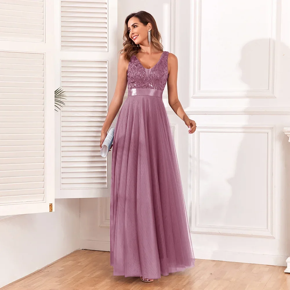 Elegant Sleeveless Double V-neck Tulle Embroidery Long Formal Evening Dress