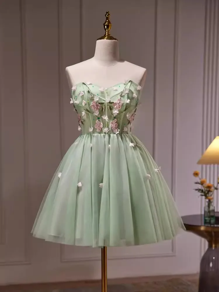 

Elegant Light Green Prom Dresses Short Strapless Flower Lace Up Ball Gown Sexy Mini Party Cocktail Dress Homecoming Clubwear