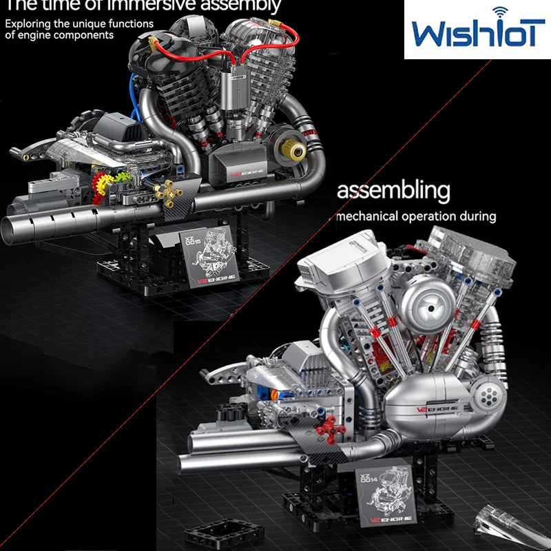 

Классический мотоцикл V2: Модель двигателя MOC, конструктор с подсветкой и функцией распыления, сборная коллекционная модель из кирпичиков, игрушка-головоломка, подарок для взрослых