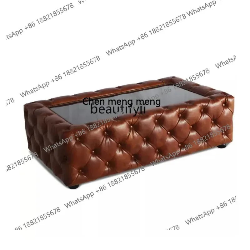 ss8350 American country retro leather soft bag coffee table, French first layer oil wax leather living room pull button   coffee